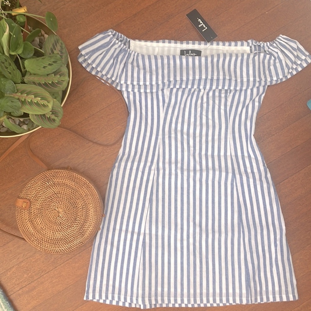 Lulus blue and white stripped off the shoulder mini sun dress NWT free people